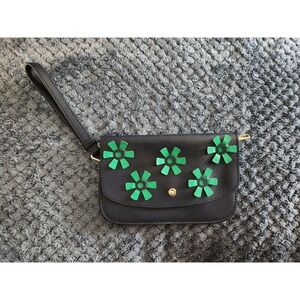 TALBOTS POSH MOD LEATHER Wristlet Navy Blue Emerald Button Closure